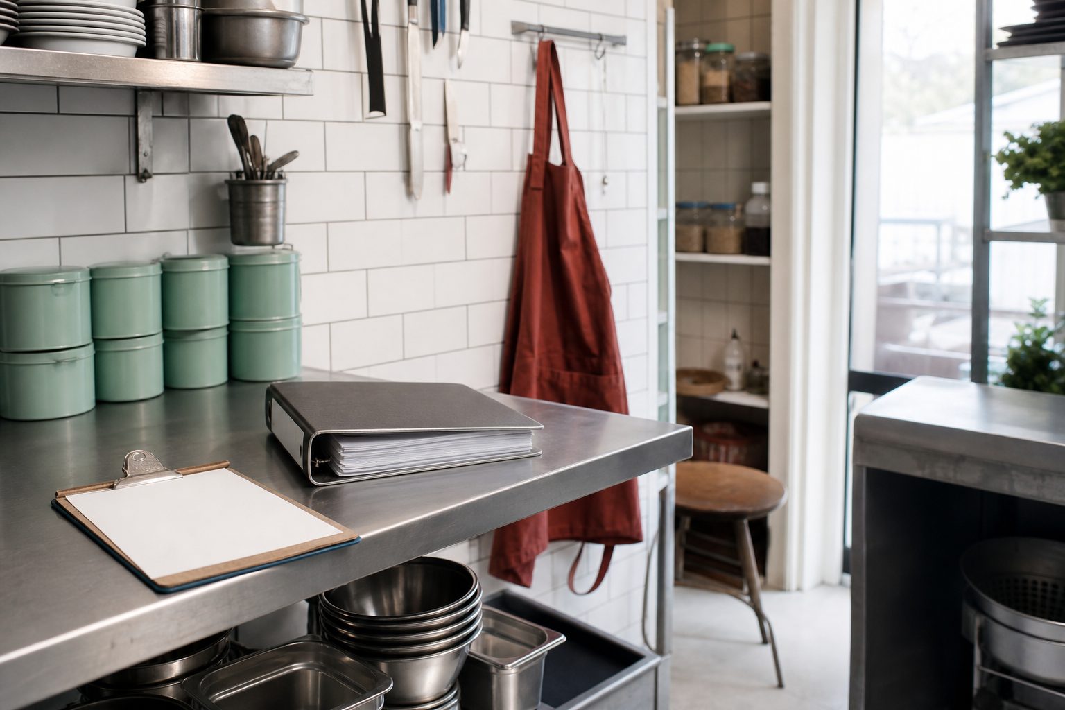 Bright stainless steel commercial prep kitchen with a clipboard and permit binder on a clean steel worktable