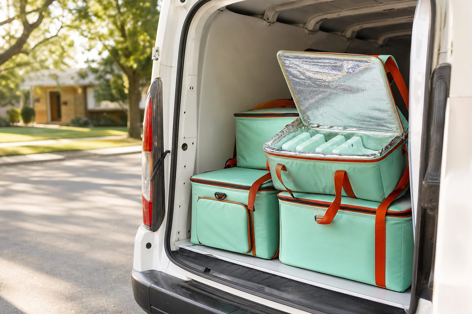 Insulated delivery totes with ice packs loaded into a clean white van on a sunny street