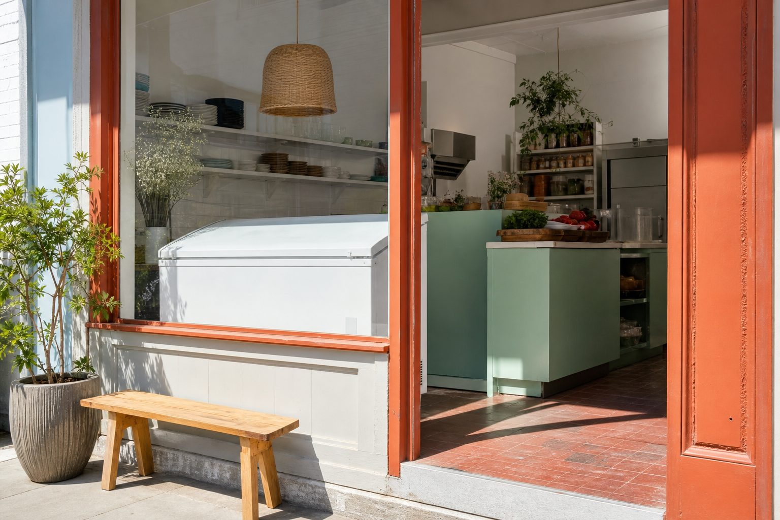 Sunlit small town storefront kitchen with a chest freezer visible through clean glass