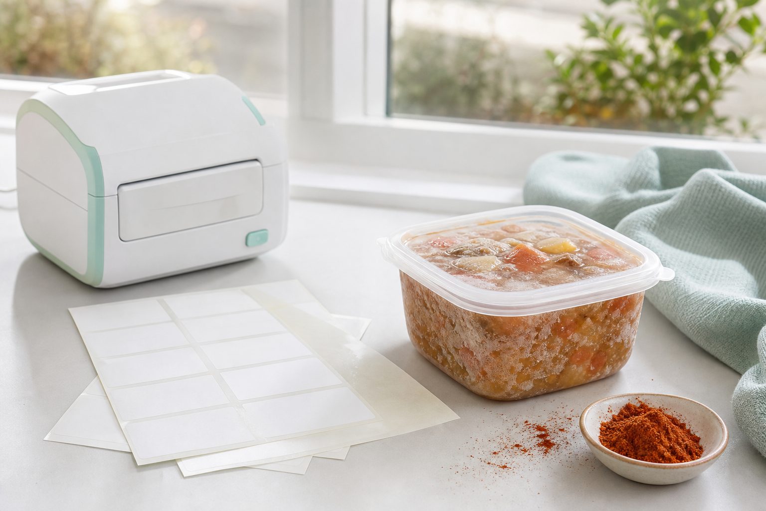 Blank label sheets and a label printer beside a sealed frozen meal container on a bright counter