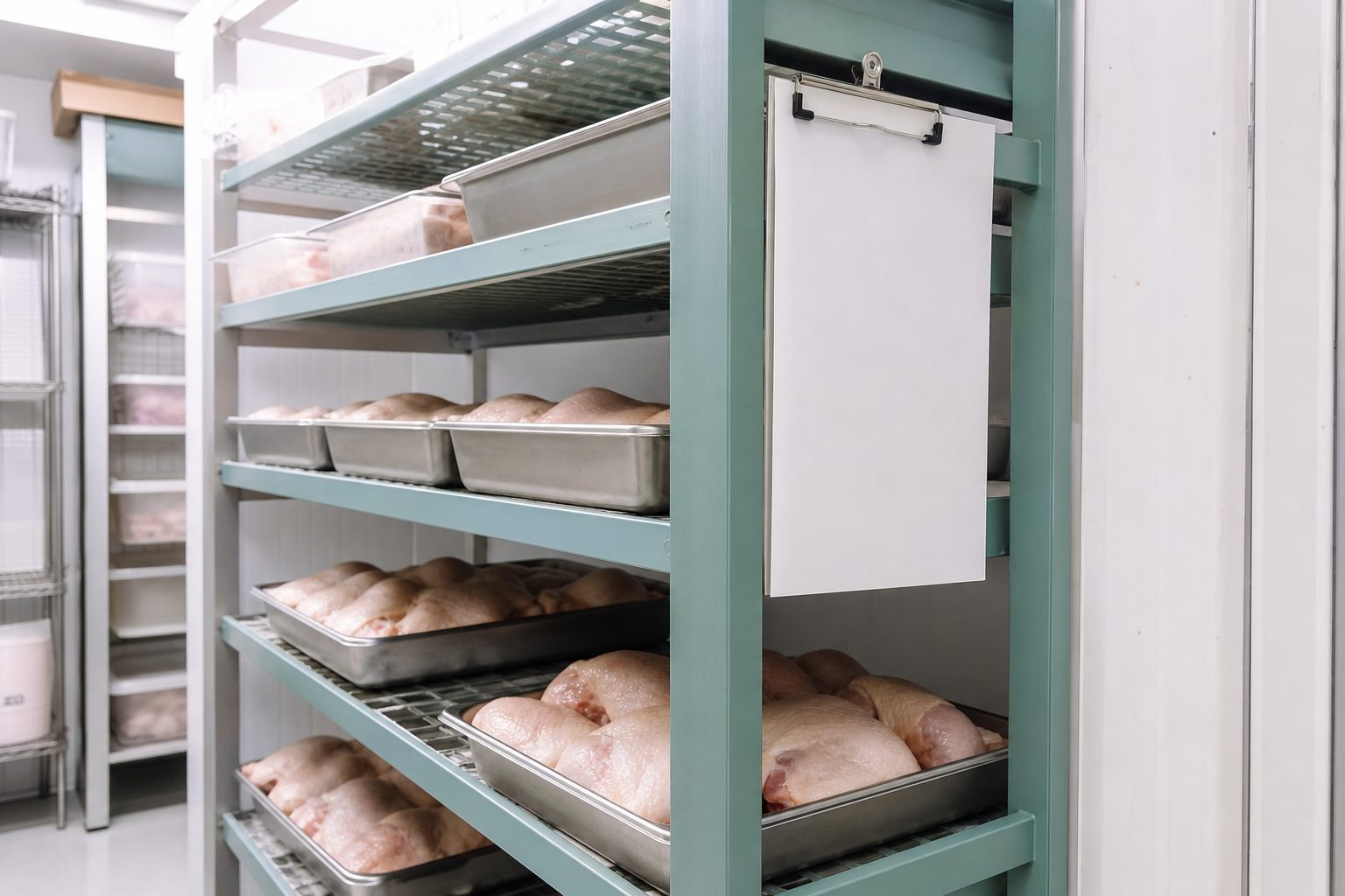 Sheet pans of thawing chicken on lower walk in cooler shelves under bright cool light