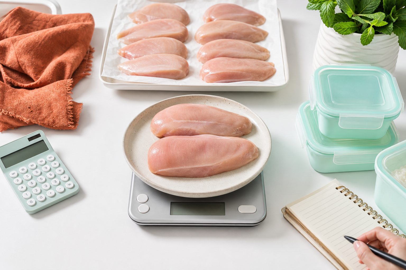 Digital kitchen scale, portioned raw chicken and stacked containers on a bright white worktable