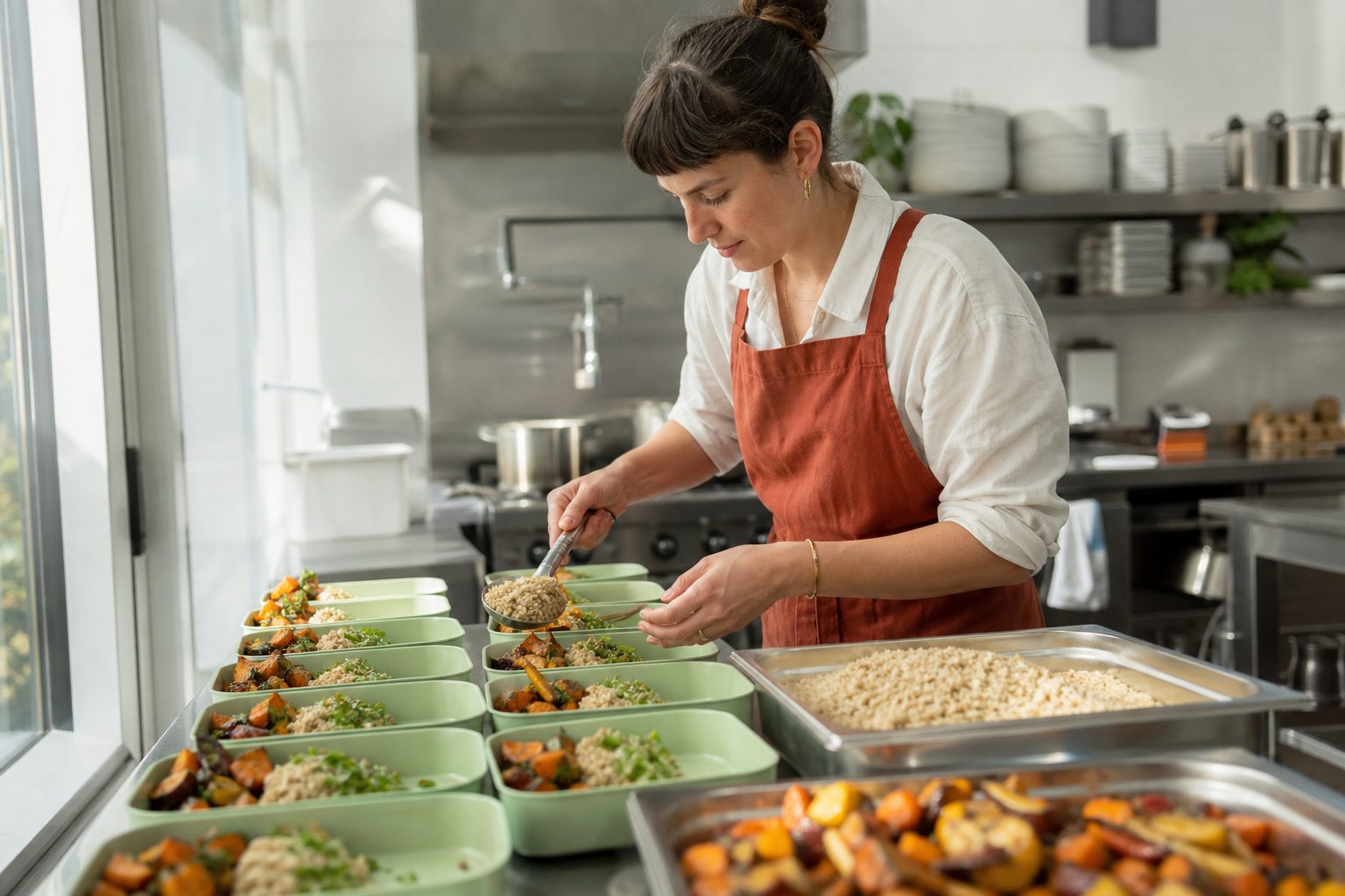 A single cook filling a long row of containers on a bright stainless steel production line
