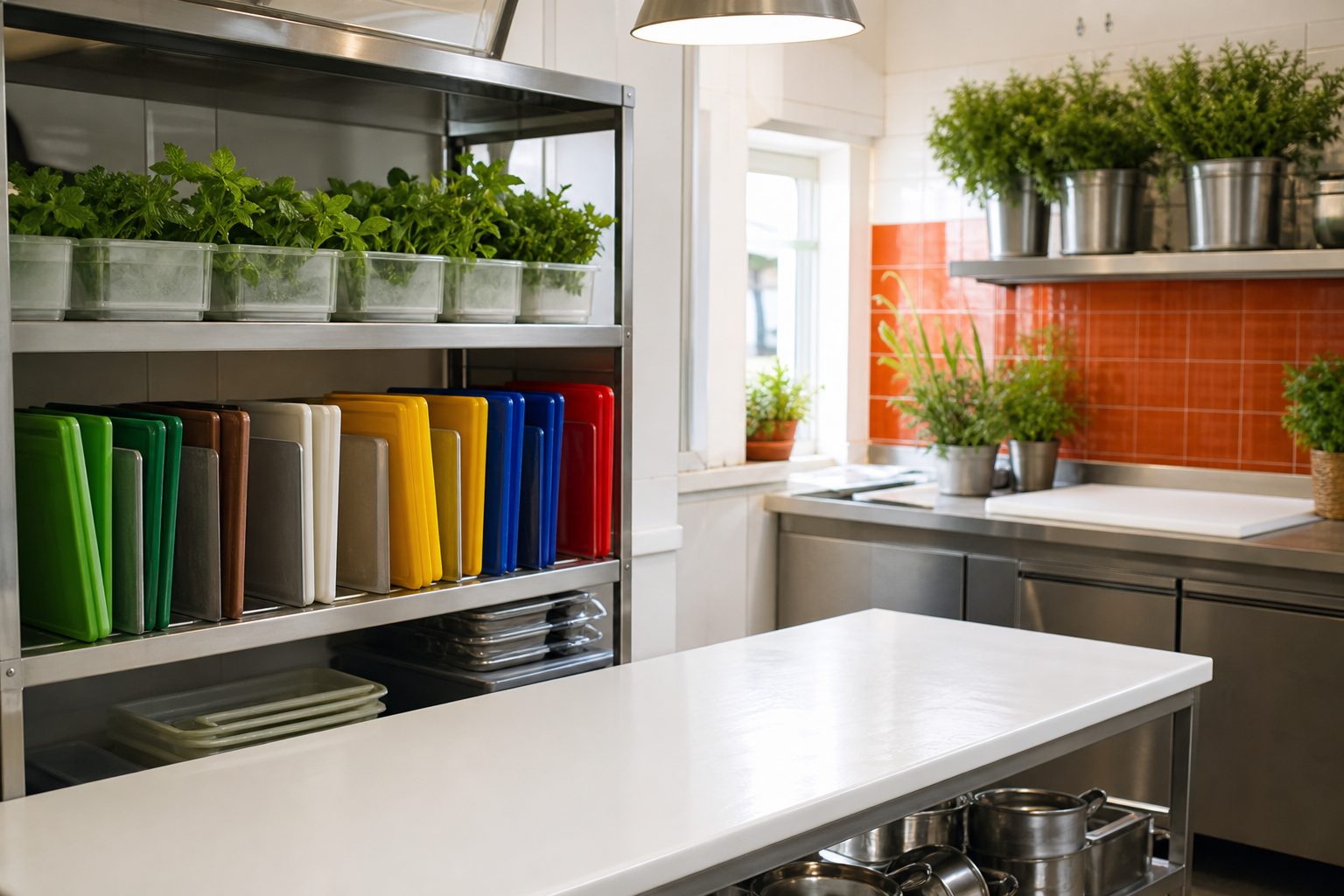 Bright prep station with color coded cutting boards and labeled containers on separate shelving