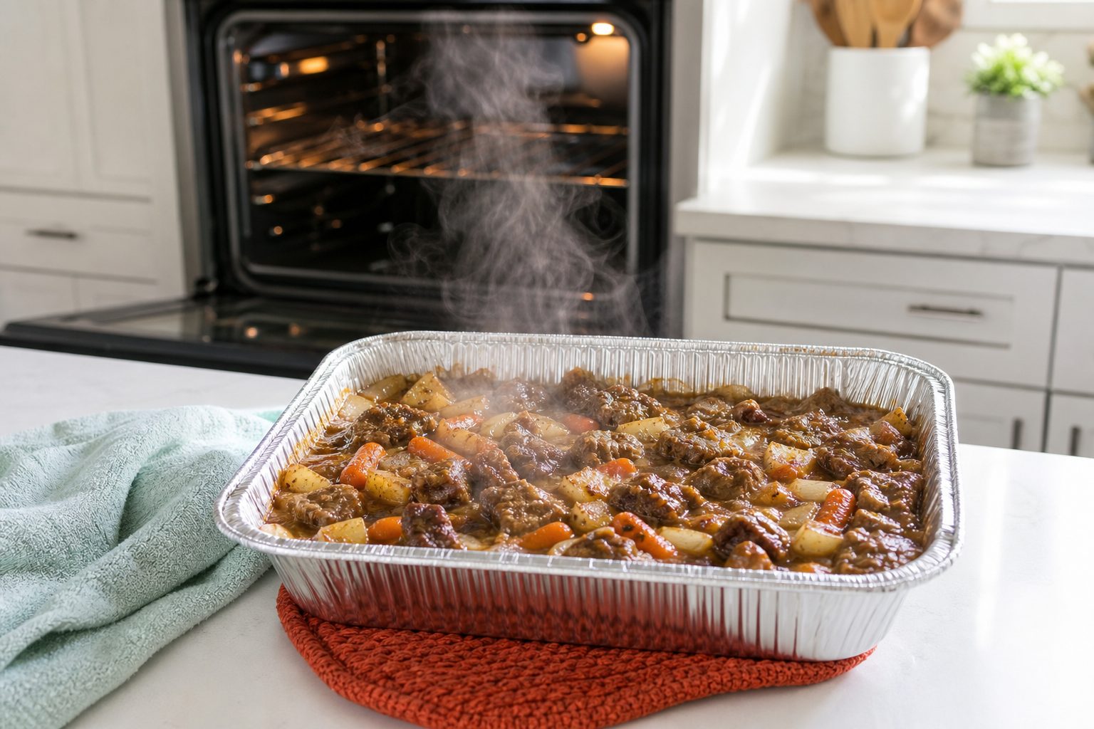 Foil pan of bubbling beef casserole set on a bright white kitchen counter with steam rising