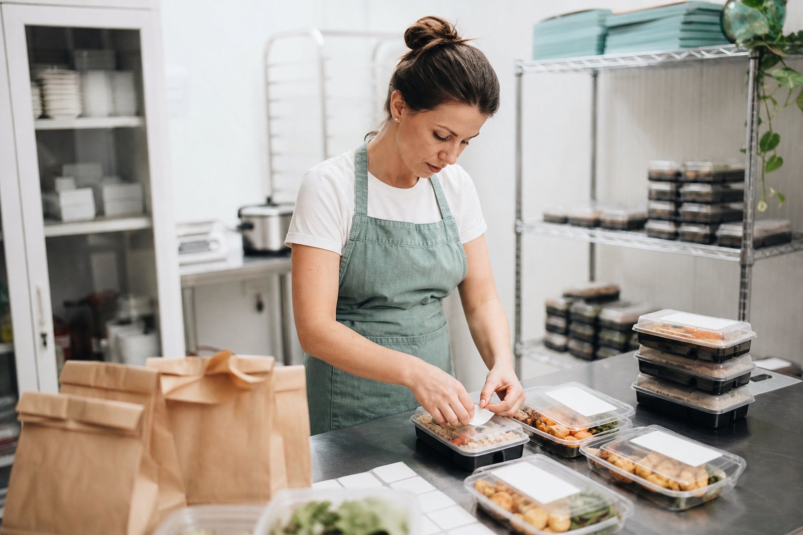 Meal prep kitchen owner packing labeled containers of prepared family meals on a stainless counter