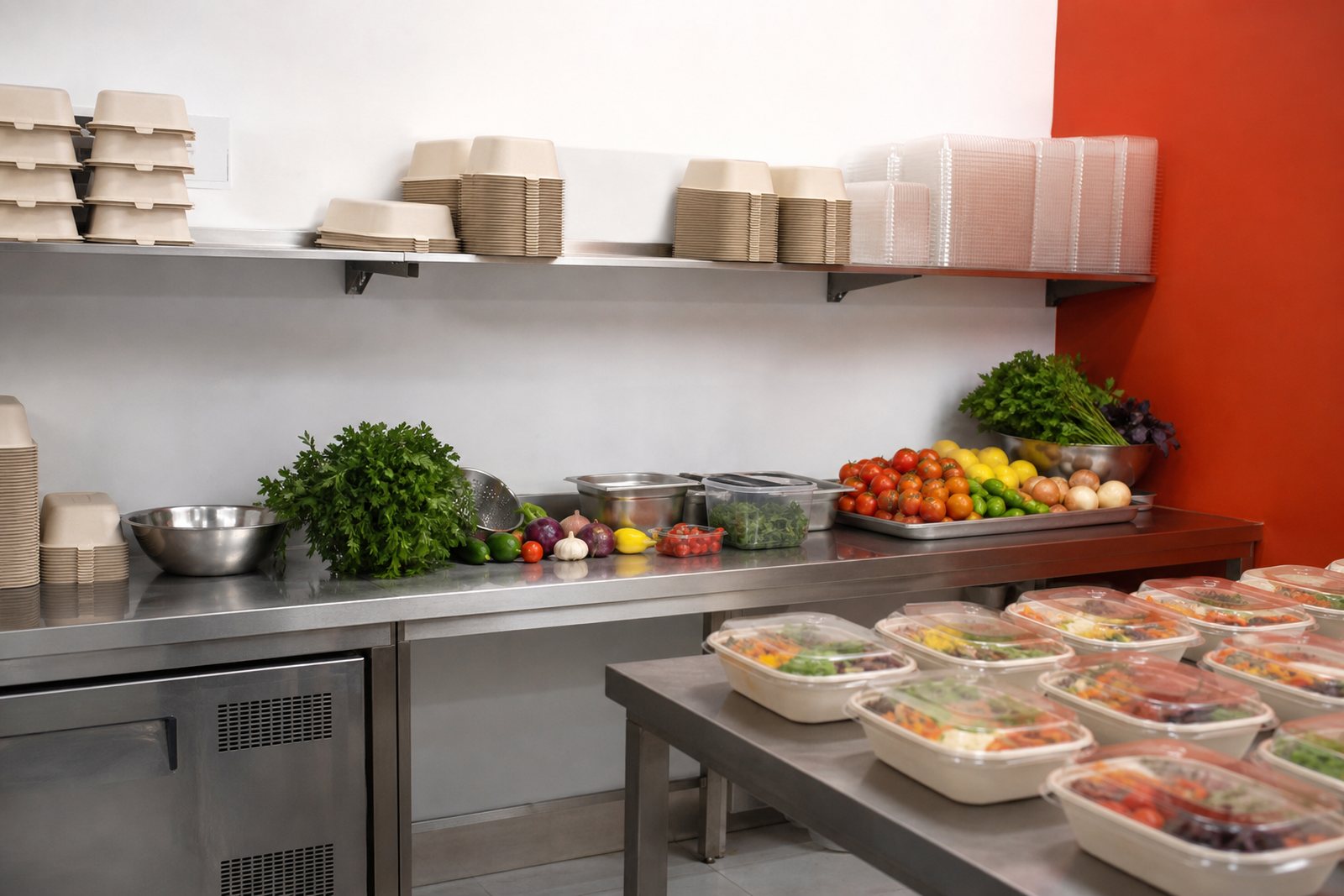 Stacked meal containers, fresh produce and a stainless prep table under bright kitchen light